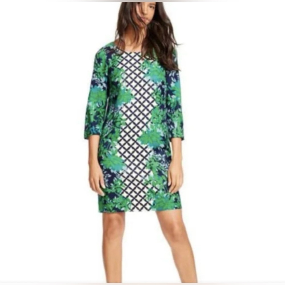 Boden Eliza Silk Blend Green and Blue Lattice 3/4 Sleeve Lined Sheath Dress 6